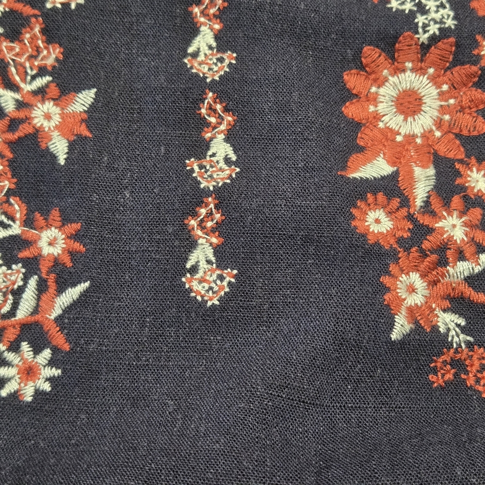 Floral Embroidered Navy Print Boho Linen Blend Blouse Size S - Picture 5 of 7